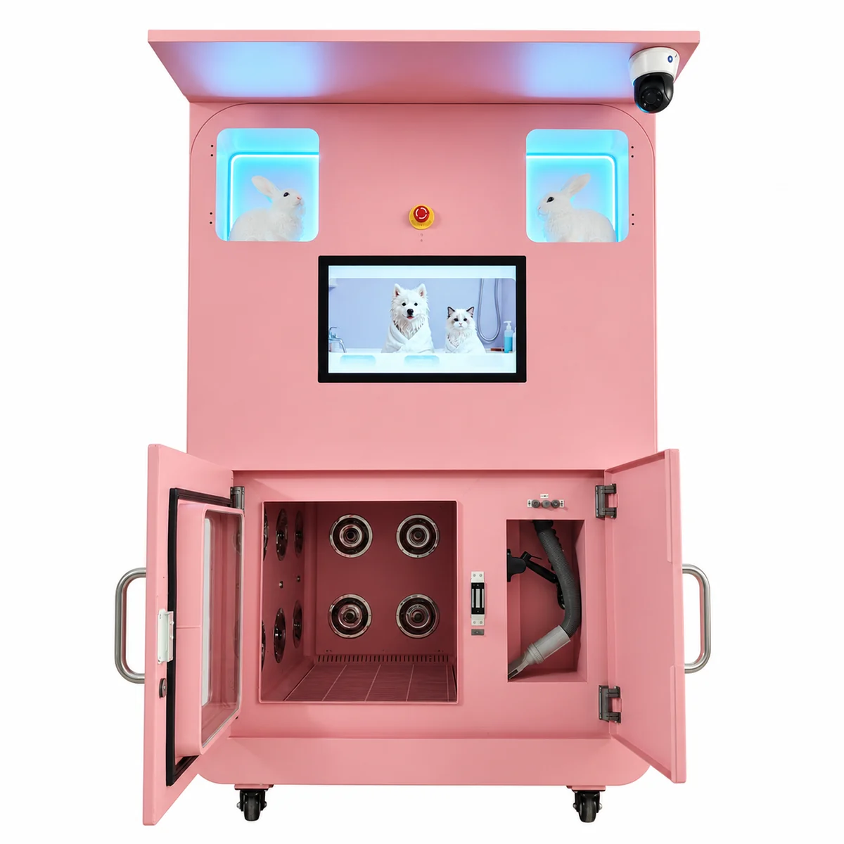 PetWash Max with two lit display lockers on top, both doors open on the washing chamber and dryer bay