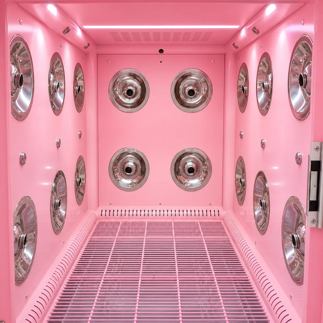 inside the in-store pet wash machine cabin with spray heads on every wall