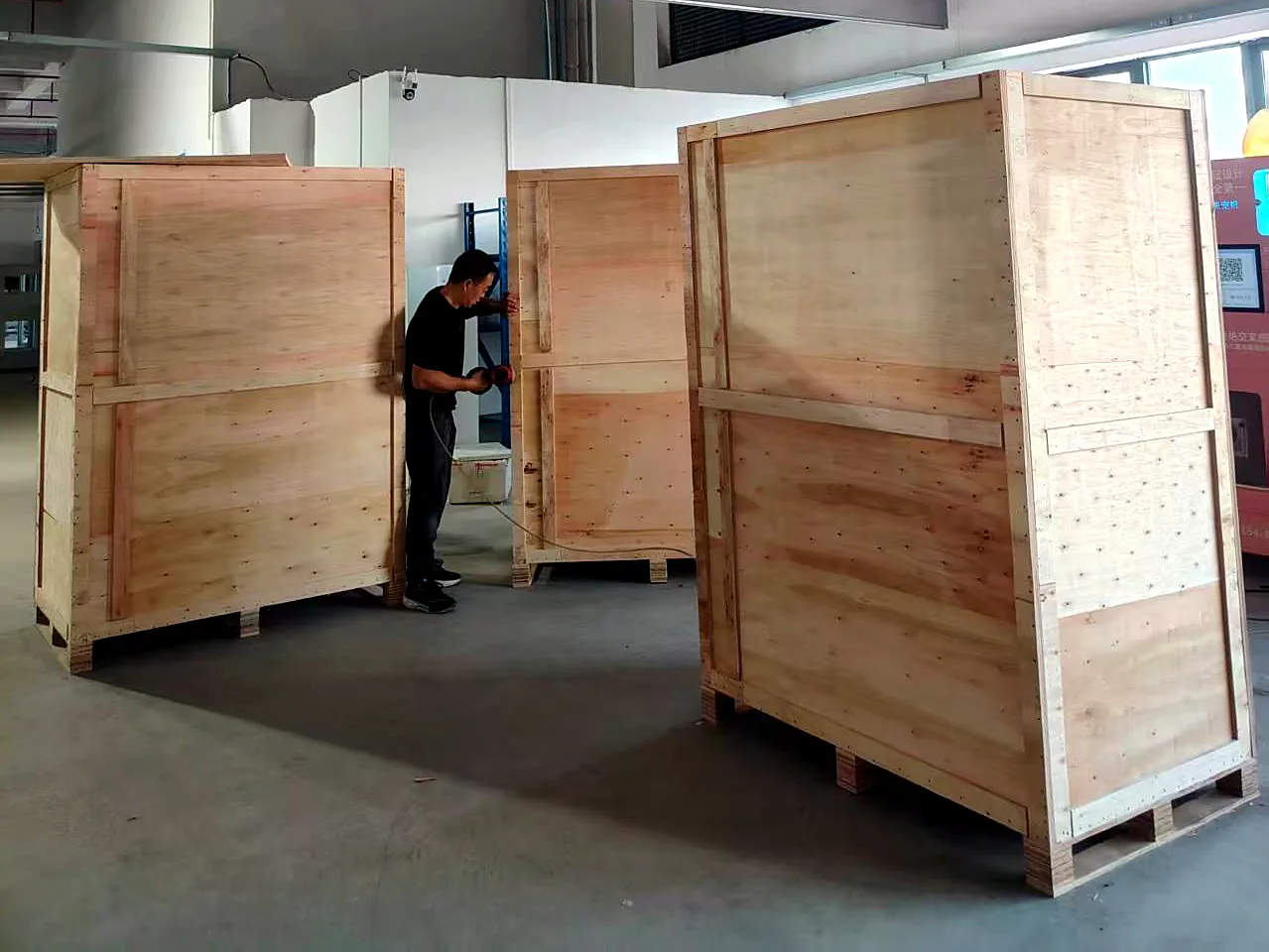 Plywood export crates holding commercial pet washing machines ready to ship