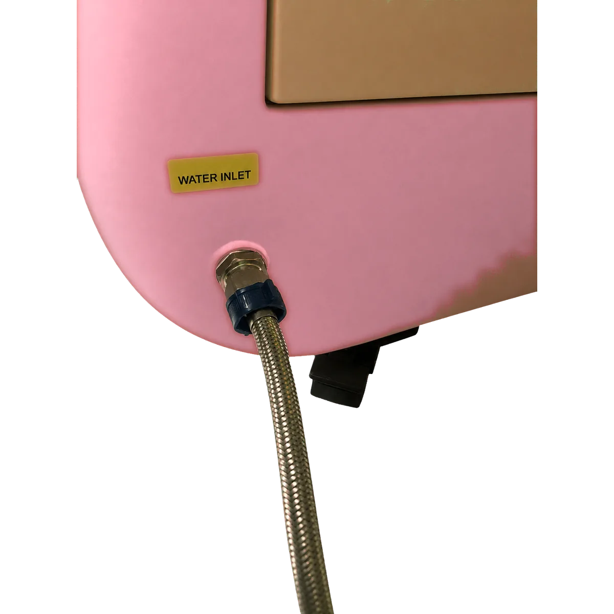 labelled water inlet connection on a commercial pet wash machine for dogs and cats