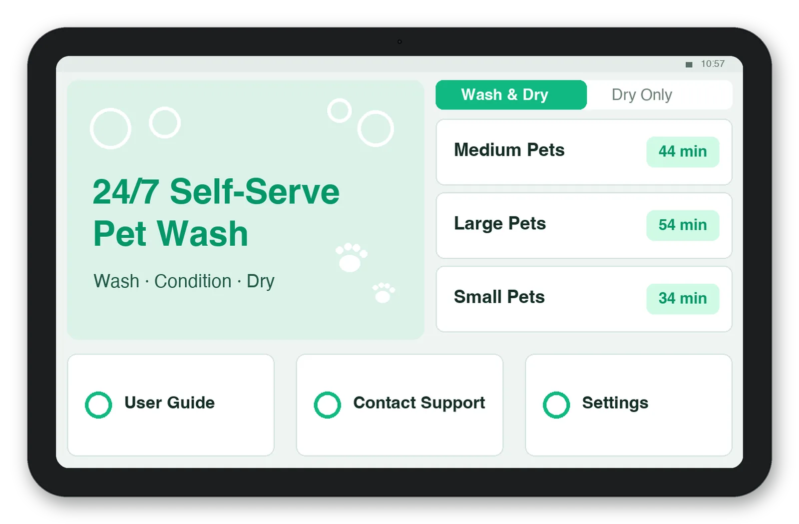 pet wash machine operator screen showing wash and dry packages priced by pet size