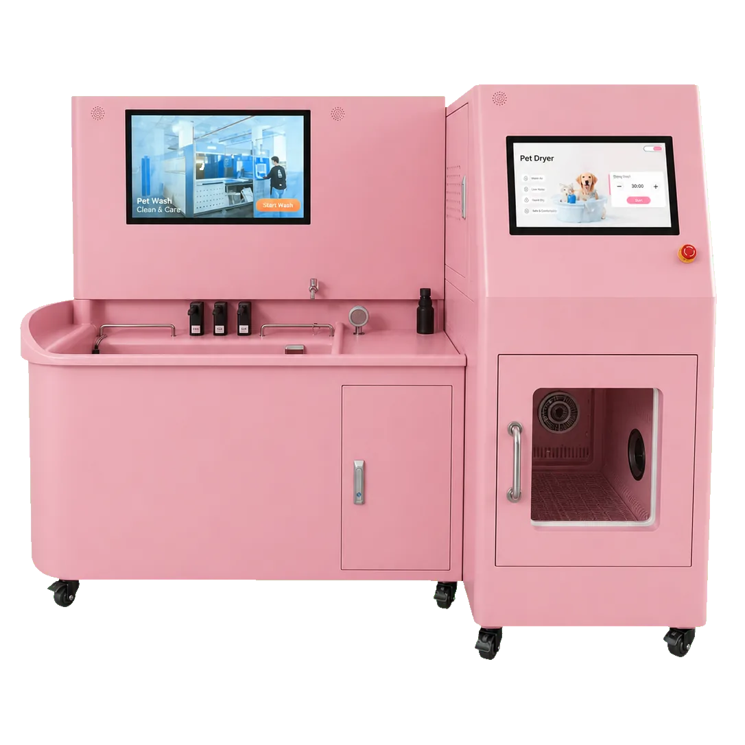 self-serve dog wash station with an open tub, hand shower and drying cabinet for dogs and cats